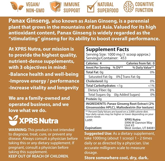 XPRS Nutra Ginseng Root Extract Powder - Ginseng Powder Supports Cognitive Function, Physical Performance, and Immune System - Vegan Friendly Panax Ginseng in Powder Form (16 Ounce)