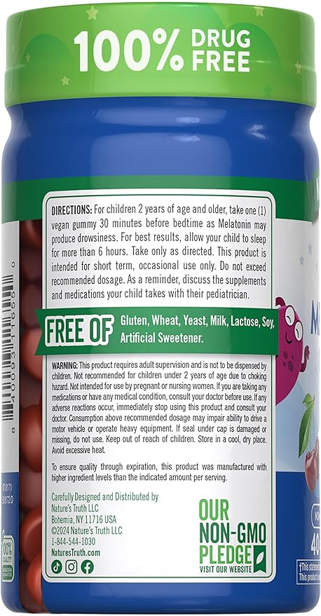 Nature's Truth Kids Melatonin Gummy | 1mg | 40 Count | Vegan, Non-GMO & Gluten Free Gummies | Cherrylicious Flavor