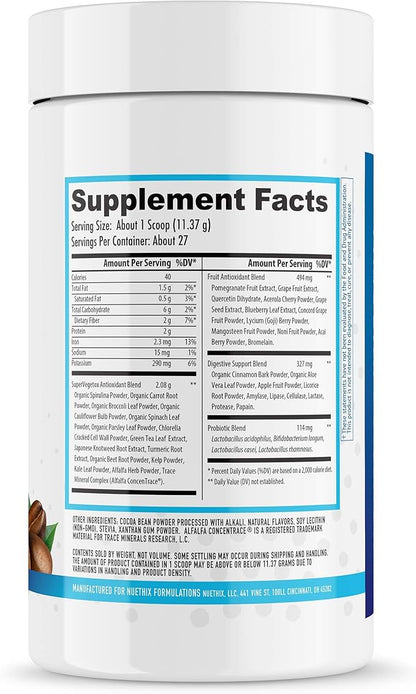 NuEthix Formulations Gourmet Greens Drink Powder Dietary Supplement with Fruit and Vegetable Superfoods and Probiotics, Espresso, 27 Servings