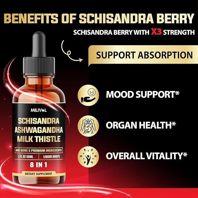 8in1 Liquid Schisandra Supplement - Schisandra Extract Drops with Milk Thistle, Ashwagandha and 6 More - Mood Support, Organ Health - 2 Fl Oz for 60 Days