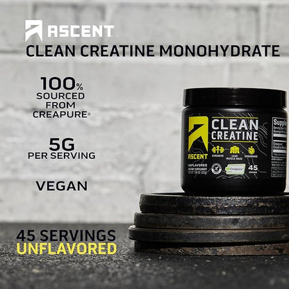 Ascent Clean Creatine Monohydrate Powder - 5G Per Serving, Creapure Creatine Supplement - Unflavored, 45 Servings