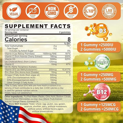 Sugar Free Vitamin D3 5000 IU Gummies + Methyl B12 Vitamins + Vegan Omega 3 Supplement, Organic Vitamin D Gummies for Women Men with Vitamin ACE & Zinc for Energy, Mood, Muscle & Immune Support