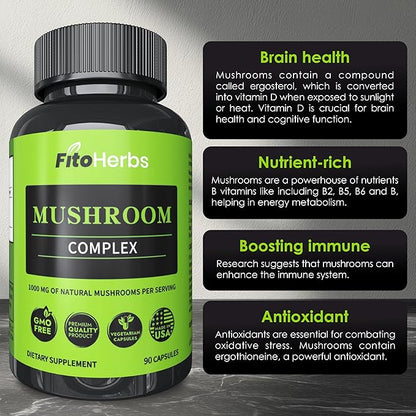 Mushroom Complex - Shiitake, Lions Mane, Cordyceps, Turkey Tail, Maitake, Reishi, Agaricus Mushrooms Supplement Capsules - Cognitive Improvement - Immune Support - Energy Booster - 90 Caps