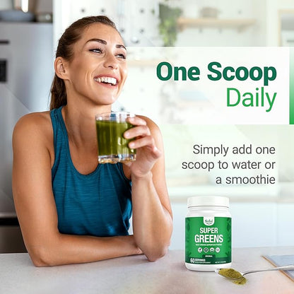 Super Greens Daily Greens Superfood Powder - Certified USDA Organic Green Powder w/20+ Whole Foods, Spirulina Powder, Wheat & Barley Grass - Probiotics, Fiber & Enzymes - Original Flavor, 60 Servings