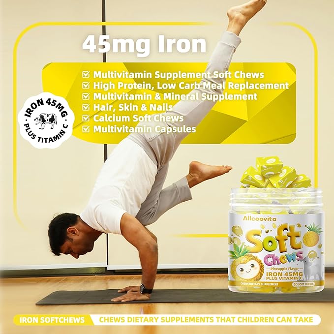 Iron Soft Chew Supplement with Vitamin C | Pineapple Flavored | Gluten Free | Iron Supplement for Women Men and Kids | 60 Count | 2 Month Supply