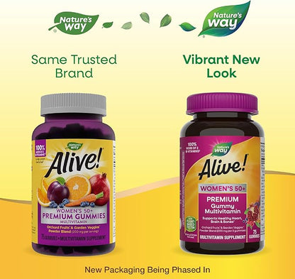 Nature’s Way Alive! Women’s 50+ Premium Gummy Multivitamin, Supports Healthy Heart, Brain & Bones*, B-Vitamins, Gluten-Free, Vegetarian, Grape and Cherry Flavored, 75 Gummies (Packaging May Vary)