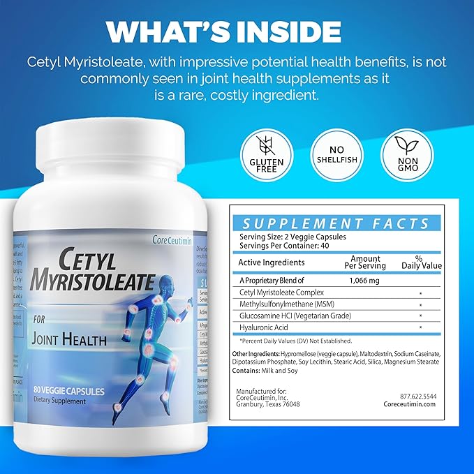 Cetyl Myristoleate - Omega 5 Fatty Acid - Ultra Support for Relief from Joint Discomfort and Stiffness - Also Includes Glucosamine, MSM & Hyaluronic Acid - 80 Capsules