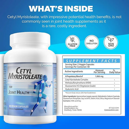 Cetyl Myristoleate - Omega 5 Fatty Acid - Ultra Support for Relief from Joint Discomfort and Stiffness - Also Includes Glucosamine, MSM & Hyaluronic Acid - 80 Capsules