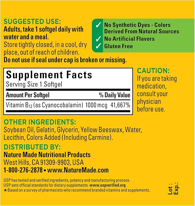 Nature Made Vitamin B12 1000 mcg, Dietary Supplement for Energy Metabolism Support, 150 Softgels, 150 Day Supply