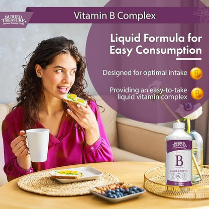 Buried Treasure B Complete High Potency All B Vitamins Liquid Supplement for Stress, Energy and Healthy Immune Support Vegan Non-GMO, 16 oz w/ Dose Cup