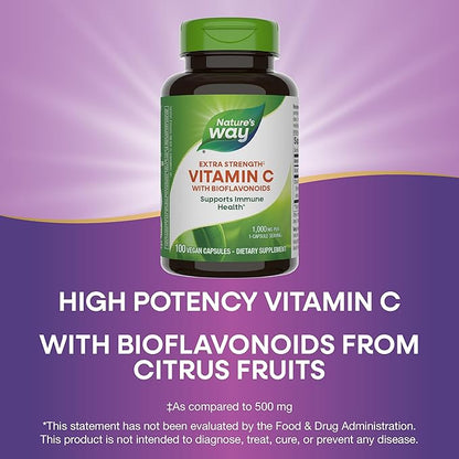 Nature’s Way Extra Strength Vitamin C with Bioflavonoids, Supports Immune Health*, Promotes Collagen Production for Healthy Skin*, 1g Vitamin C per Capsule, 100 Vegan Capsules (Packaging May Vary)