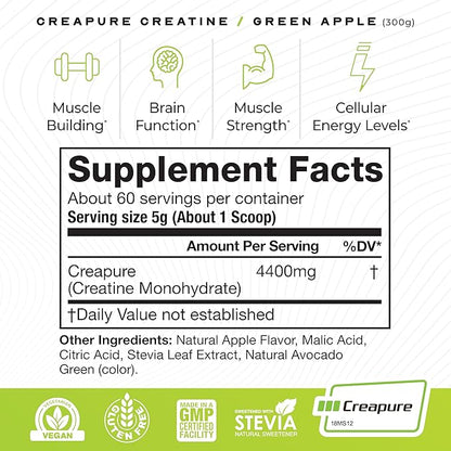 Muscle Feast Creapure Creatine Monohydrate Powder, Vegan Keto Friendly Gluten-Free Easy to Mix, Muscle Recovery Supplement and Best Creatine for Muscle Growth, Natural Green Apple, 300g