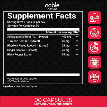 Ashwagandha Supplement with Turmeric, Rhodiola Rosea, Ginger Root, and Black Pepper Extract - 90 Veg Capsules