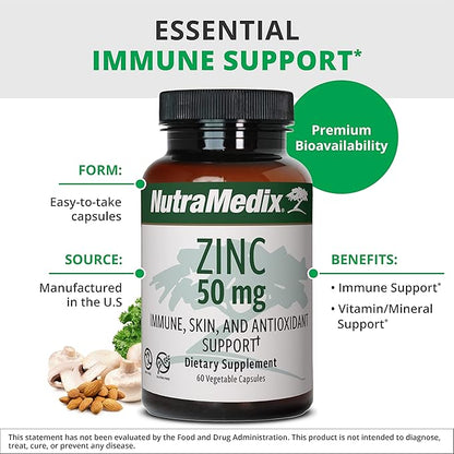 NutraMedix Zinc 50mg - Zinc Supplements for a Healthy Immune Defense, Skin Health & Antioxidant Support - Easy to Digest Zinc for Immune Health (60 Capsules)