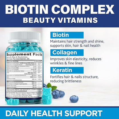 Biotin Collagen Keratin Gummies - Multivitamin Natural for Hair, Skin & Nails with Vitamin A, D, B7 - Anti Aging Collagen Gummy Vitamins for Men & Women, Hair & Nail Growth Supplement - 60 Gummy Bears