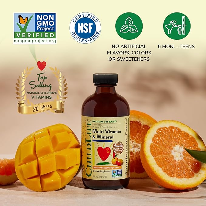 CHILDLIFE ESSENTIALS Kids Multivitamin & Mineral - Kids Vitamins, Liquid Multivitamin for Kids, Toddler Multivitamins, Liquid Vitamins, Baby Multivitamin - Natural Orange & Mango, 8 Fl Oz (Pack of 1)