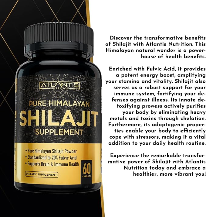 Atlantis Nutrition Himalayan Shilajit Capsules Formulated with 20% Fulvic Acid | 10:1 Extract Providing 10,000mg D.H.E. | USA Made | Himalayan Shilajit Supplement for Men & Women | 60 Capsules