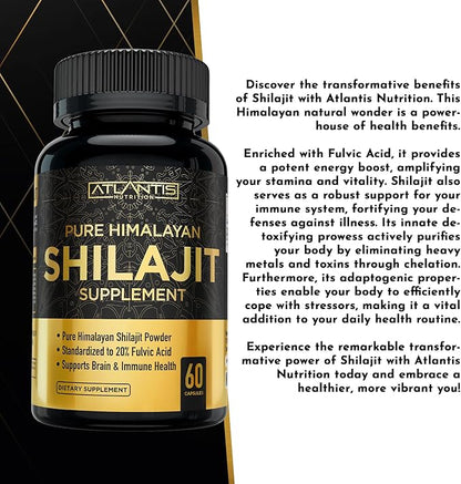 Atlantis Nutrition Himalayan Shilajit Capsules Formulated with 20% Fulvic Acid | 10:1 Extract Providing 10,000mg D.H.E. | USA Made | Himalayan Shilajit Supplement for Men & Women | 60 Capsules