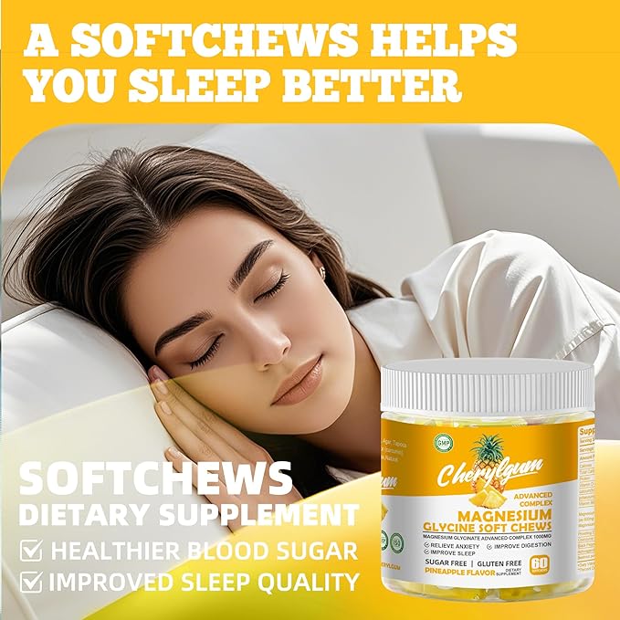 Magnesium Glycinate Soft Chews, Pineapple Flavor.Chewable Sugar Free Potassium Magnesium Chews with Magnesium Glycinate, Vitamin D, B6, and CoQ10 for Calm Support & Sleep for Adults, 60 Days Supply