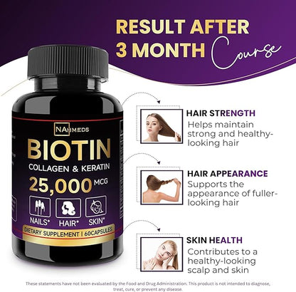 Biotin Hair Skin & Nails Vitamins – 25,000 mcg Biotin with Collagen, Keratin & Hyaluronic Acid – Supports Healthy Hair, Radiant Skin & Strong Nails – Unisex Supplement – 60 Capsules