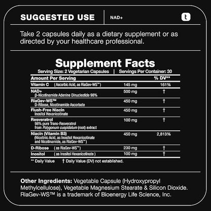Toniiq Ultra High Strength 1500mg NAD+ Supplement - Clinically Studied Ingredients with Patented RiaGev-WS™, Resveratrol, and Niacin - 60 Capsules