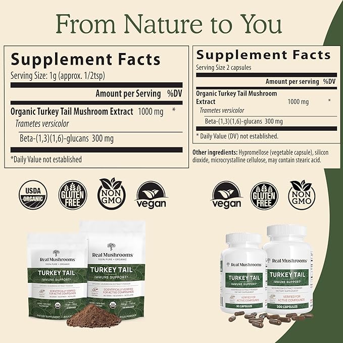 Real Mushrooms Turkey Tail Capsules - Organic Mushroom Supplement with Potent Extract for Gut, Energy, Brain, Immune Support Vegan Extract, Non-GMO, 90 Caps