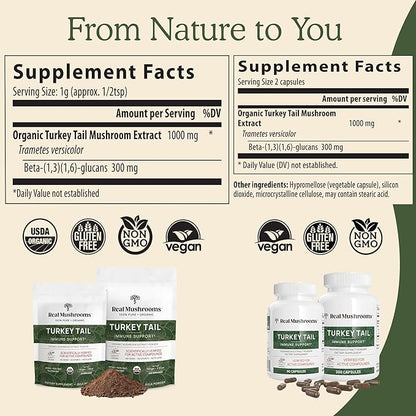 Real Mushrooms Turkey Tail Capsules - Organic Mushroom Supplement with Potent Extract for Gut, Energy, Brain, Immune Support Vegan Extract, Non-GMO, 90 Caps
