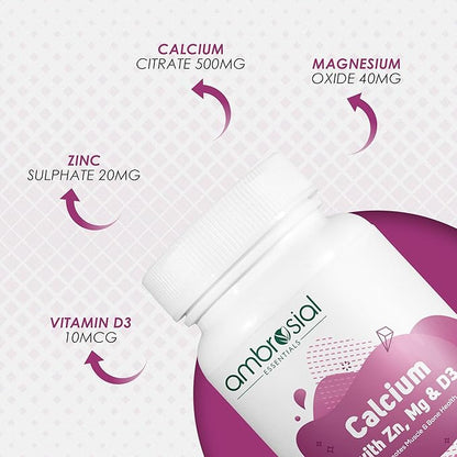AMBROSIAL Calcium Magnesium Zinc with Vitamin D3 (Pack of 1-120 Softgels)