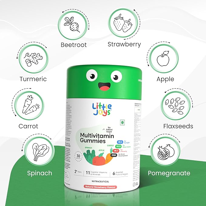 Kids Multivitamin Gummies |2+ Years| No Added Sugar | DHA, Vitamin D3, B12, C, A, Zinc & Iron | Immunity & Bone Health | No Preservatives I Gluten Free I Strawberry Flavour I 30 Day Pack