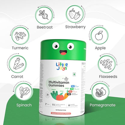 Kids Multivitamin Gummies |2+ Years| No Added Sugar | DHA, Vitamin D3, B12, C, A, Zinc & Iron | Immunity & Bone Health | No Preservatives I Gluten Free I Strawberry Flavour I 30 Day Pack