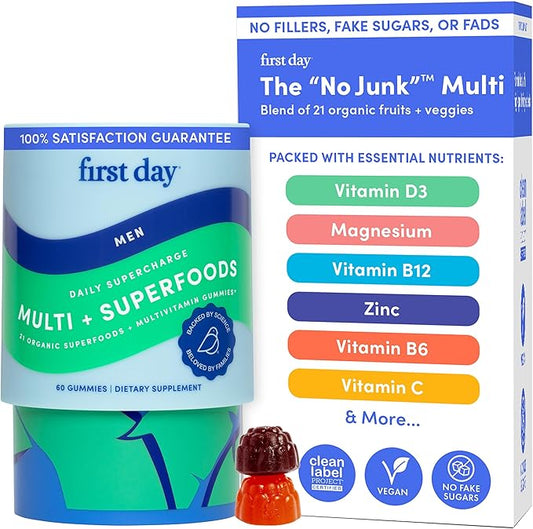 FIRST DAY Multivitamin for Men + Organic Fruit & Veggie Blend, Mens Multivitamins Gummies with 13 Key Nutrients for Energy, Focus, Immunity - Vitamins A, B1, B2, B6, B9, B12, C, D3, K - 30 Day Supply