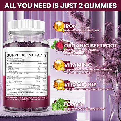 Iron Gummies Supplement for Women & Men, Iron Supplements for Anemia with Vitamin C, B12, Folate-Blood Builder & Energy Support for Iron Deficiency-Grape Flavor, Vegan, 60 Gummies