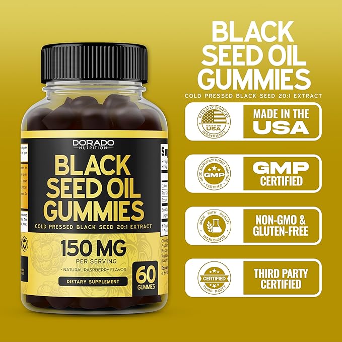 Black Seed Oil Gummies (60 Count) Blackseed Oil Gummies for Adults with Black Cumin Seed Immune Support & Support Healthy Digestion - Delicious Raspberry Flavor - Third Party Tested, Vegan & NON-GMO