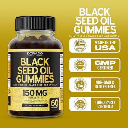 Black Seed Oil Gummies (60 Count) Blackseed Oil Gummies for Adults with Black Cumin Seed Immune Support & Support Healthy Digestion - Delicious Raspberry Flavor - Third Party Tested, Vegan & NON-GMO