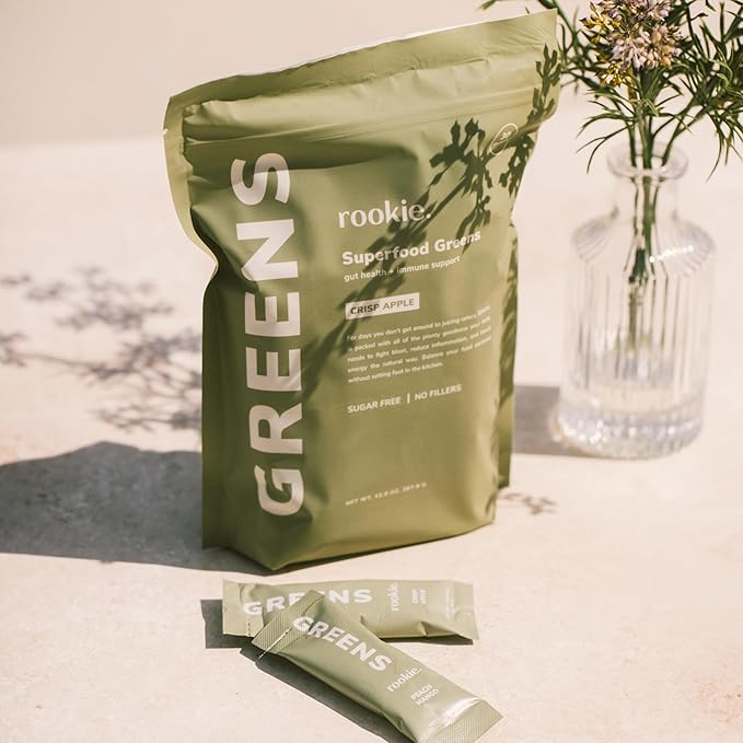 Natural Greens Supplements Superfood Powder Drink by Rookie Wellness, Gut Support Digestive Enzyme, Improve Mood, Immune Support, Crisp Apple (30 Serving Bags)