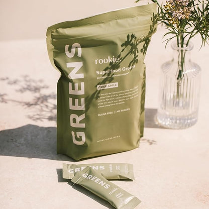 Natural Greens Supplements Superfood Powder Drink by Rookie Wellness, Gut Support Digestive Enzyme, Improve Mood, Immune Support, Crisp Apple (30 Serving Bags)