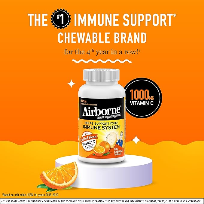 Airborne 1000mg Chewable Tablets with Zinc, Immune Support Supplement with Powerful Antioxidants Vitamins A C & E - 200 Tablets, Citrus Flavor