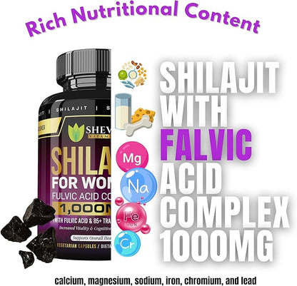 Shilajit Capsules 1000 mg - Pure shilajit for Women with fulvic Acid Organic for Energy & Immune Support, Mineral Supplements for Women - Non GMO| 90 Vegan Capsules| Made in USA