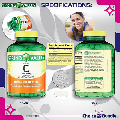Spring Valley Vitamin C with Rose HIPS Tablets Dietary Supplement 1,000 mg 250 ct 4 pk (1000 Total) + Vitamin Guide & Pill Container (6 Items)!
