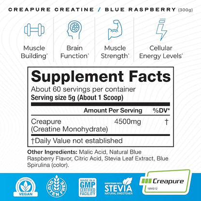 Muscle Feast Creapure Creatine Monohydrate Powder, Vegan Keto Friendly Gluten-Free Easy to Mix, Muscle Recovery Supplement and Best Creatine for Muscle Growth, Natural Blue Raspberry, 300g