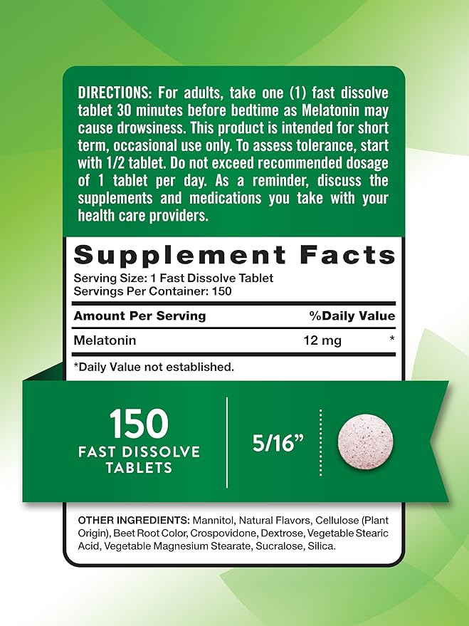 Nature's Truth Melatonin 12 mg | 150 Tablets | Quick Dissolve Vitamin | Natural Berry Flavor | Non-GMO & Gluten Free Supplement for Adults