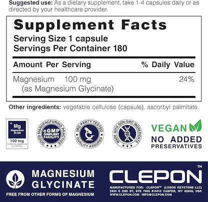 Magnesium Glycinate - Chelated, Highly Absorbable & Gentle on Stomach - Supplement for Heart & Bone Health, Restful Sleep, Stress Relief, Muscles & Nerves - Gluten-Free, Non-GMO, Vegan (180 Capsules)