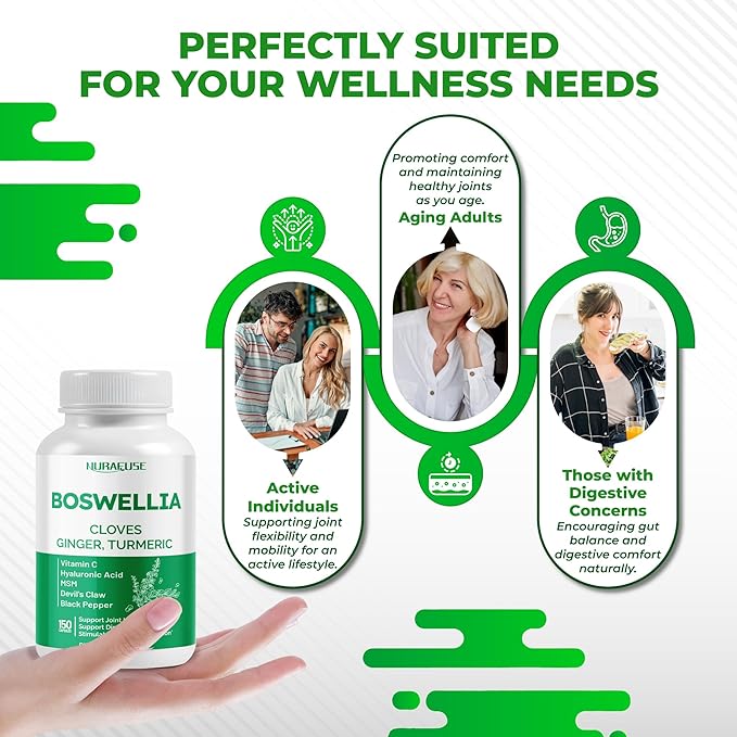 Boswellia with Cloves, Ginger, Turmeric, Vitamin C, Hyaluronic Acid, MSM, Devil's Claw – Supports Joint Health, Digestive Wellness* & Nutrient Absorption* – Made in The USA