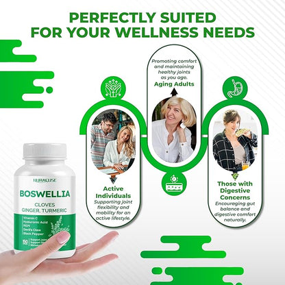 Boswellia with Cloves, Ginger, Turmeric, Vitamin C, Hyaluronic Acid, MSM, Devil's Claw – Supports Joint Health, Digestive Wellness* & Nutrient Absorption* – Made in The USA