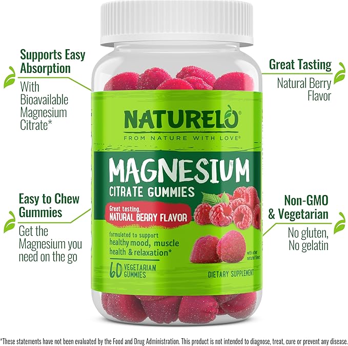NATURELO Magnesium Citrate Gummies - for Calm & Relaxation Support, Natural Berry Magnesium Gummies, 120 Vegetarian Gummies (Pack of 2)