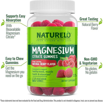 NATURELO Magnesium Citrate Gummies - for Calm & Relaxation Support, Natural Berry Magnesium Gummies, 120 Vegetarian Gummies (Pack of 2)