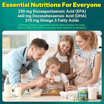 Vegan Omega 3 Gummies 1000mg w/MethylFolate, Vitamin B12, Omega 3 Fish Oil Alternative for Adults, Plant Based DHA 460mg & EPA 230mg for Brain, Mobility, Eye & Immune, Sustainable, Sugar Free, 60 Cts