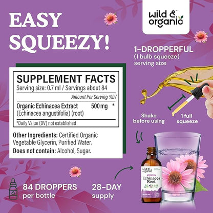Wild & Organic Echinacea Tincture - Immune Support Drops with Liquid Echinacea Root Extract - Angustifolia Supplements - Vegan, Sugar & Alcohol-Free - 2 fl oz