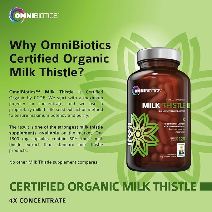Organic Milk Thistle Supplement 1500mg 4X Concentrated Extract with Silymarin - The Strongest Milk Thistle Supplement Available for Liver Support - Great for Liver Detox - 120 Vegan Capsules