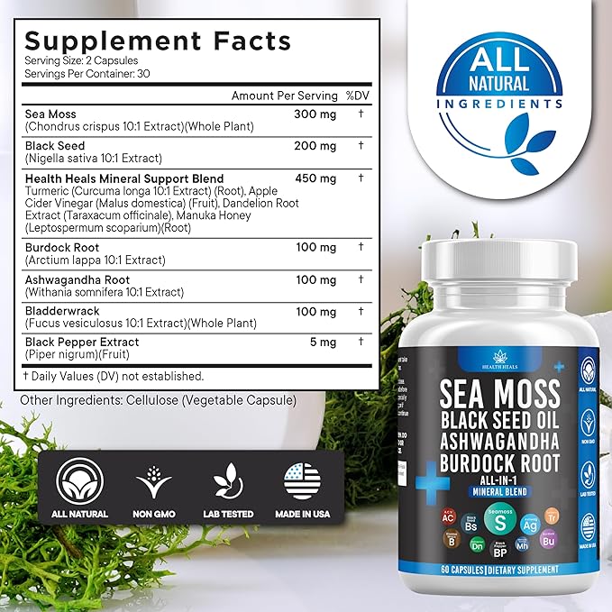 Silicon Sea Moss Black Seed Oil Ashwagandha Bladderwrack Burdock - 180 Count
